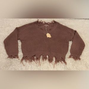 Love Tree Oversized Distressed Fringed Sweater.
Pink/Mauve. Sz Large. Like New.